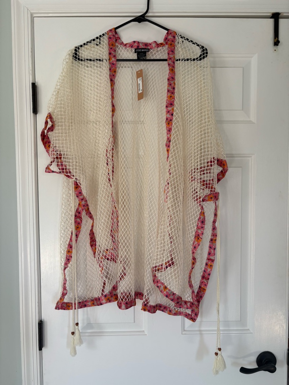 Steve Madden Cream Mesh Kimono with Pink Floral Trim